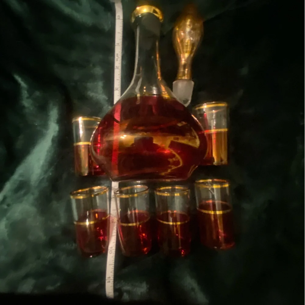 Vintage Elegant Cranberry Flash Gold Band Decanter Set 6 Cordials. Bohemia?